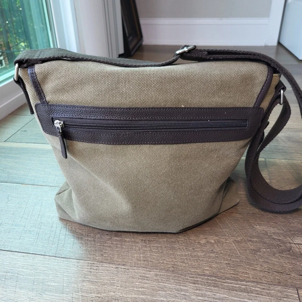 Levenger Olive Green Canvas & Brown Leather Trim Messenger Crossbody Bag